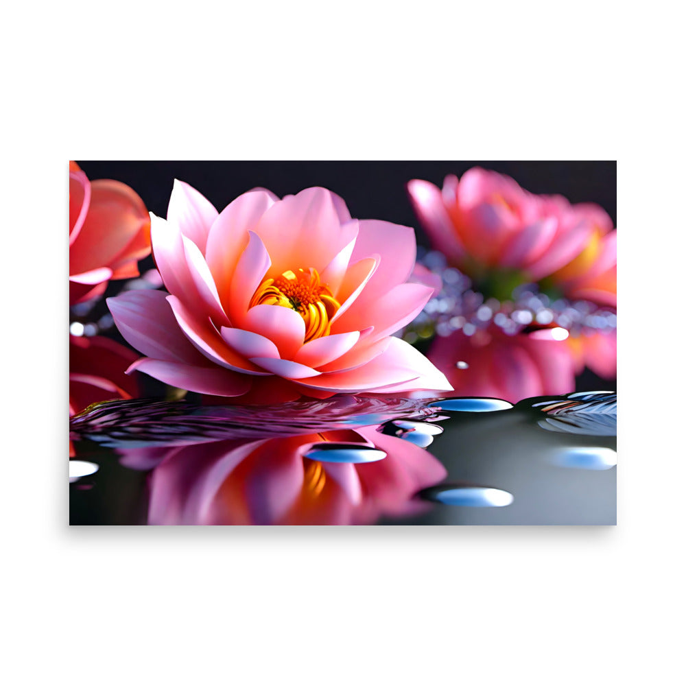 A pink lotus flower with smooth petals, floating on a reflective surface