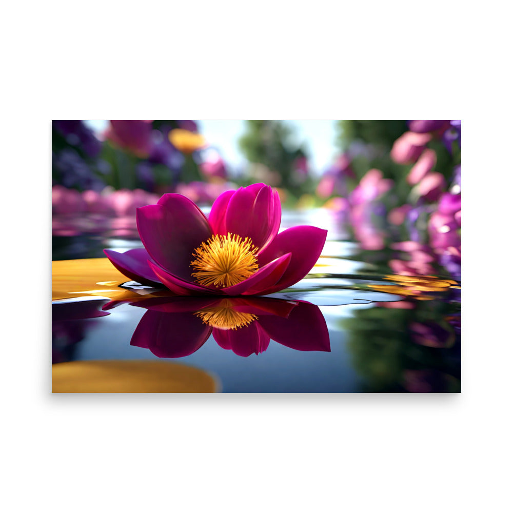 A purple lotus with a golden center and blurred pink flowers reflecting off