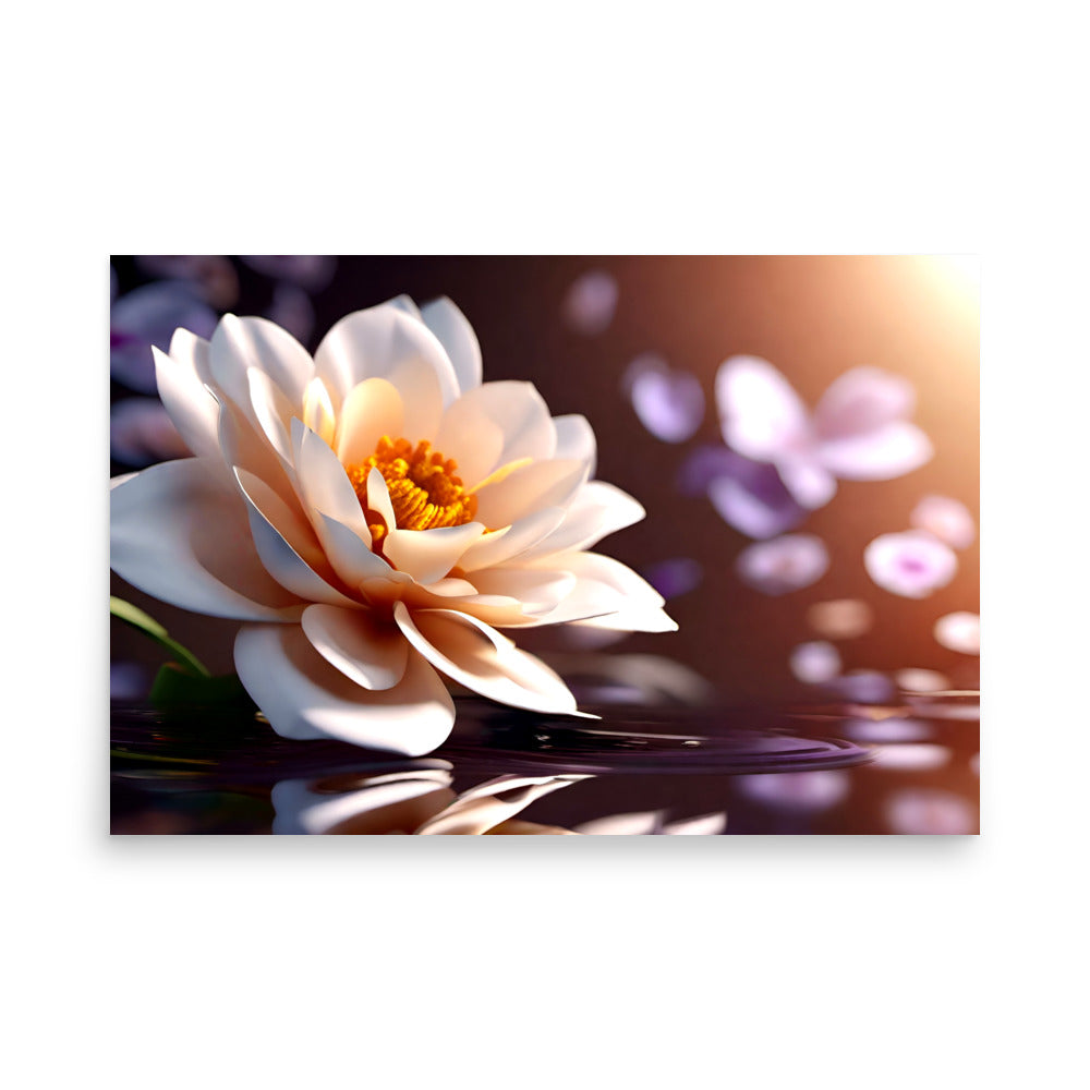 Luminous white water lily blooms float. Intricate orange details grace center petals. Peaceful flowers rest on tranquil waters, bathed in warm, dreamy hues.