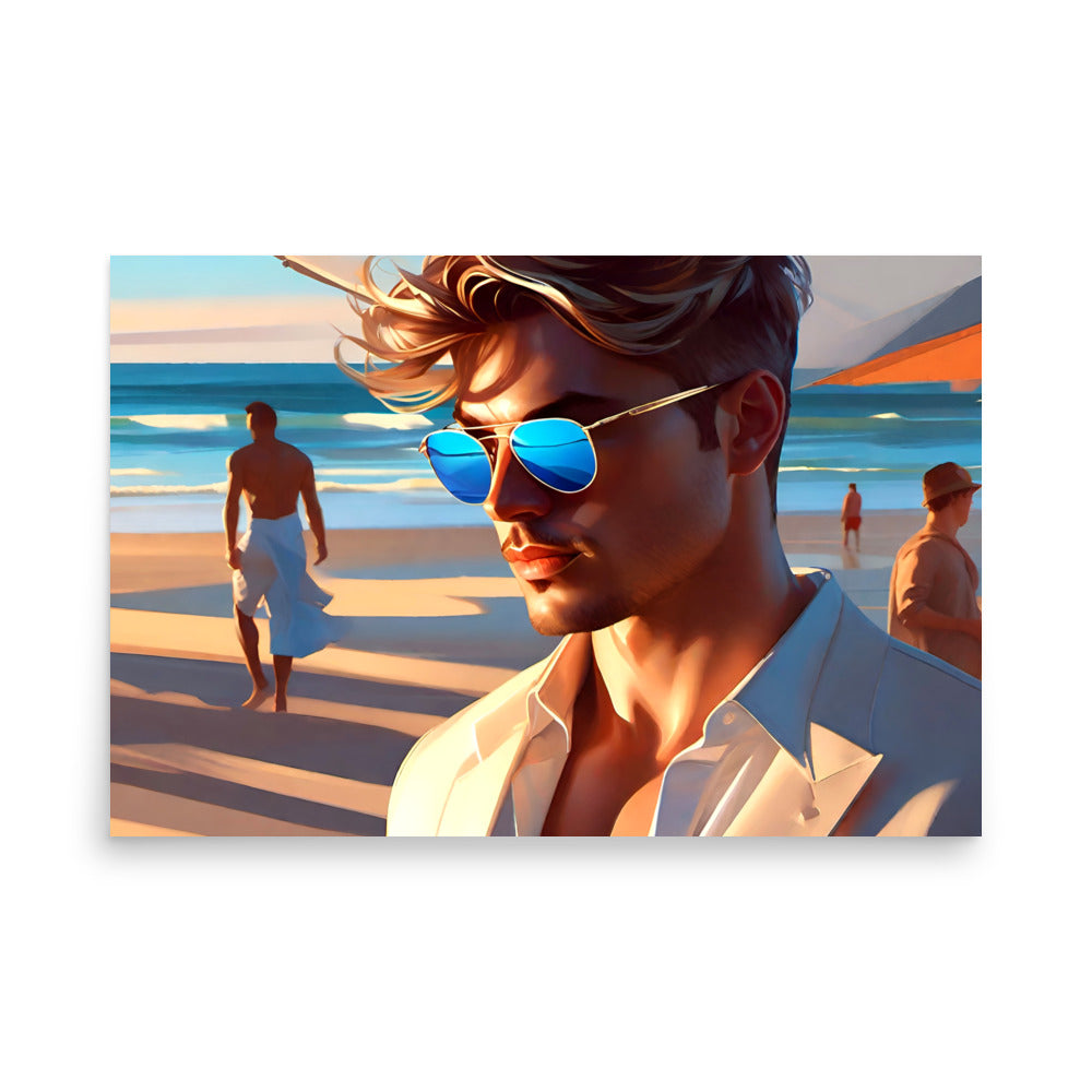 A young man exudes cool confidence. Sunset hues glow in beach scenery. Golden sand stretches behind his figure. Vivid colors capture energy and motion. Skilled brushstrokes freeze the fleeting moment.