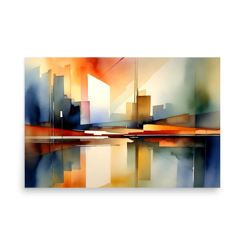 A watercolor cityscape with soft washes and downtown building like shapes reflecting the