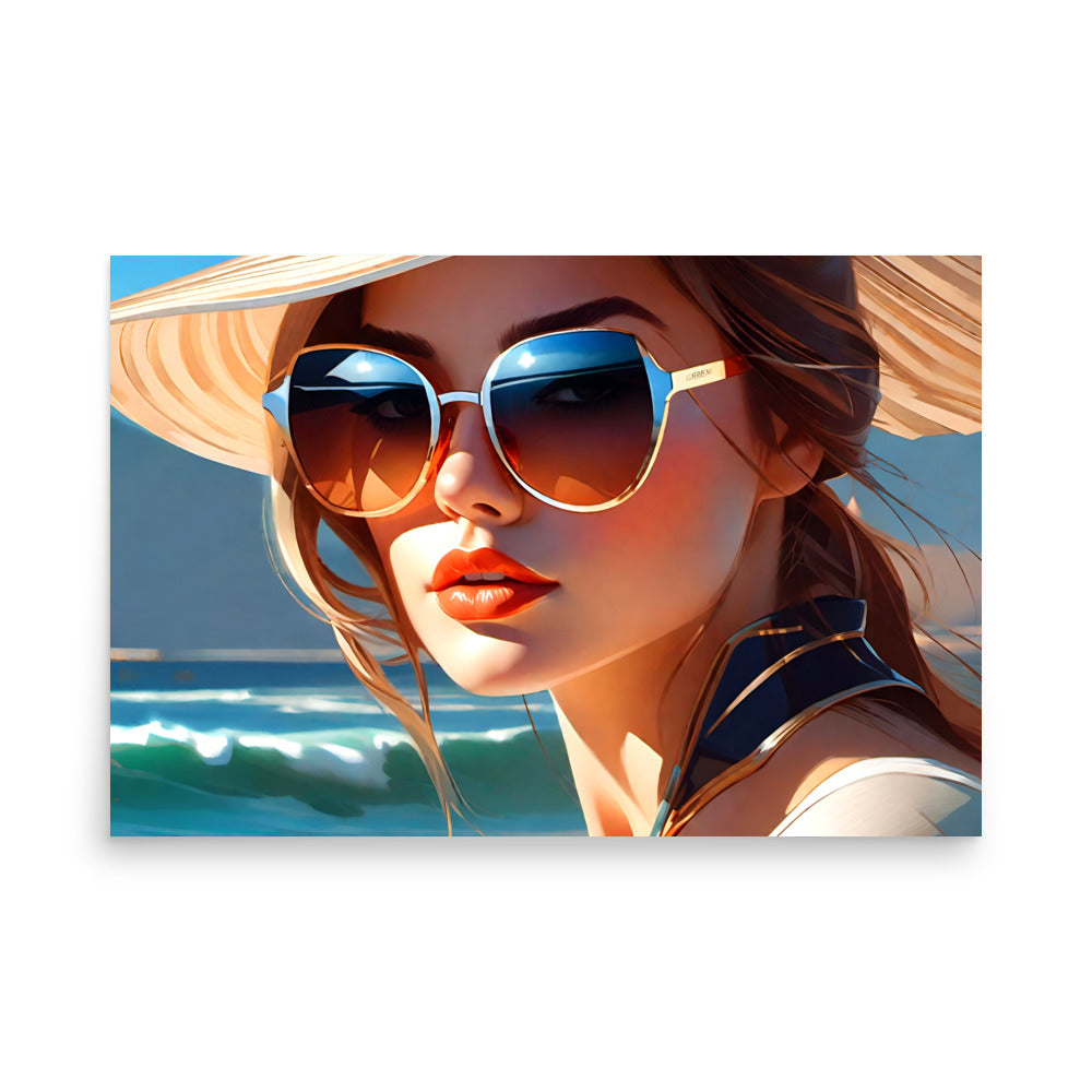 A woman with stylish sunglasses that are reflecting in a cool beach scene,
