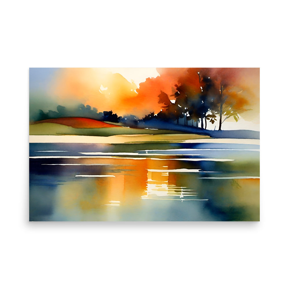 Landscape in watercolor with warm sunset hues, silhouetted trees and reflective water, a