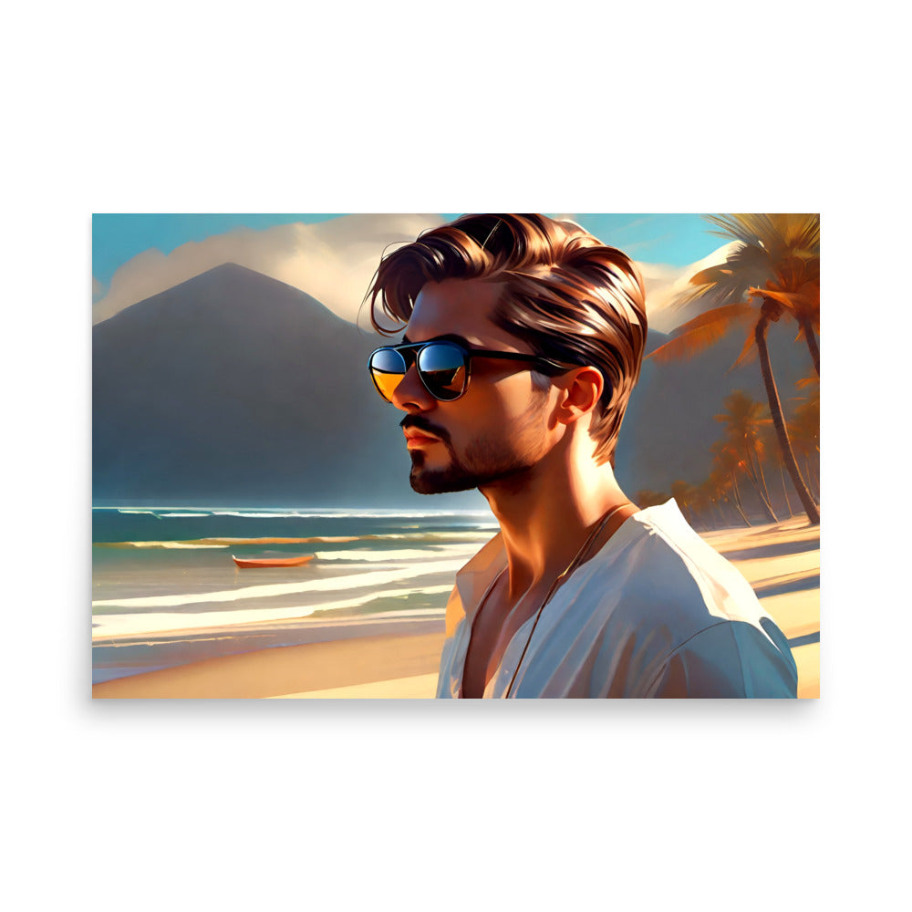 Young fashionable man stands on beach. Tropical sunset colors painted sky beautifully. Distant mountains formed scenic backdrop. Digital illustration portrayed artistic scene.