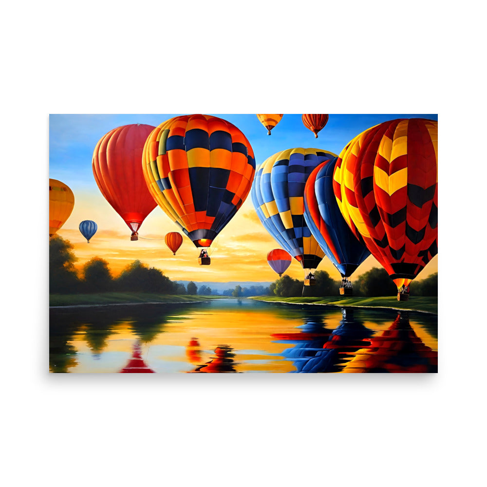 Several hot air balloons adrift over a gentle river of colorful reflections on