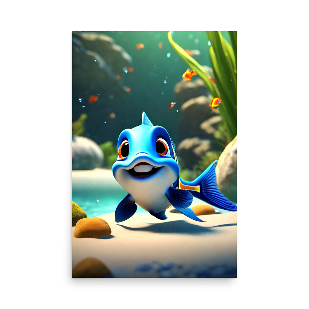 A cute blue fish with big eyes, a joyful expression, aquatic plants, and