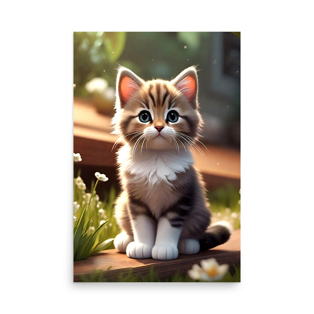 A grey and white tabby kitten with bright blue eyes, a playful vibe