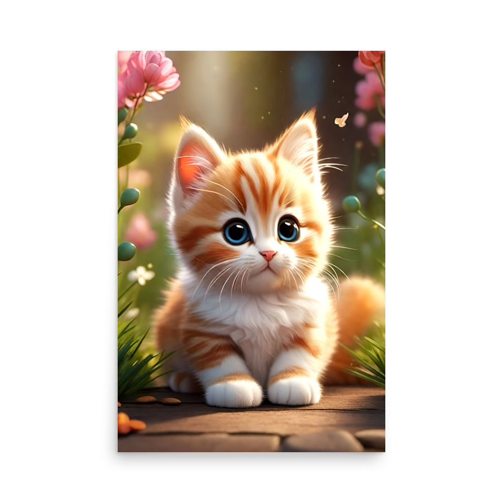 A tabby kitten with vivid blue eyes, a keen gaze, by pink flower