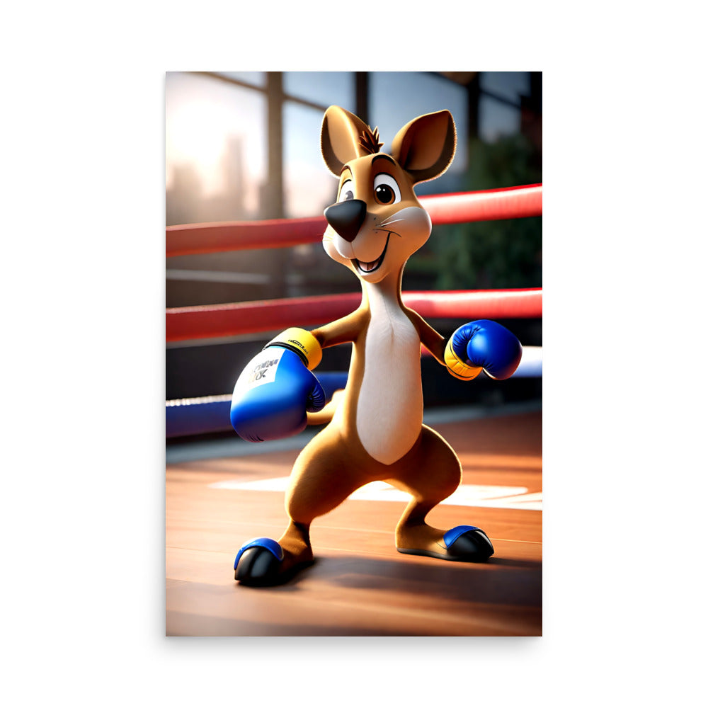 Kangaroo character dons blue gloves, smiling. Its expression exudes determination mid-motion in boxing ring. Tall urban buildings form backdrop. Vibrant colors create energetic, fun atmosphere.