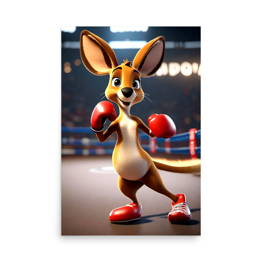 A cute cartoon kangaroo with large ears, wearing red boxing gloves in a
