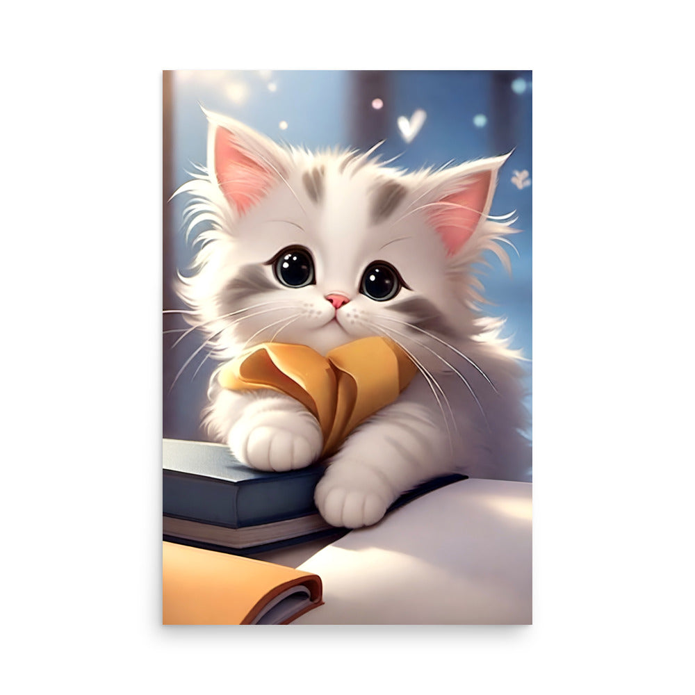 A white Persian kitten with an adorable face and large blue eyes, playing