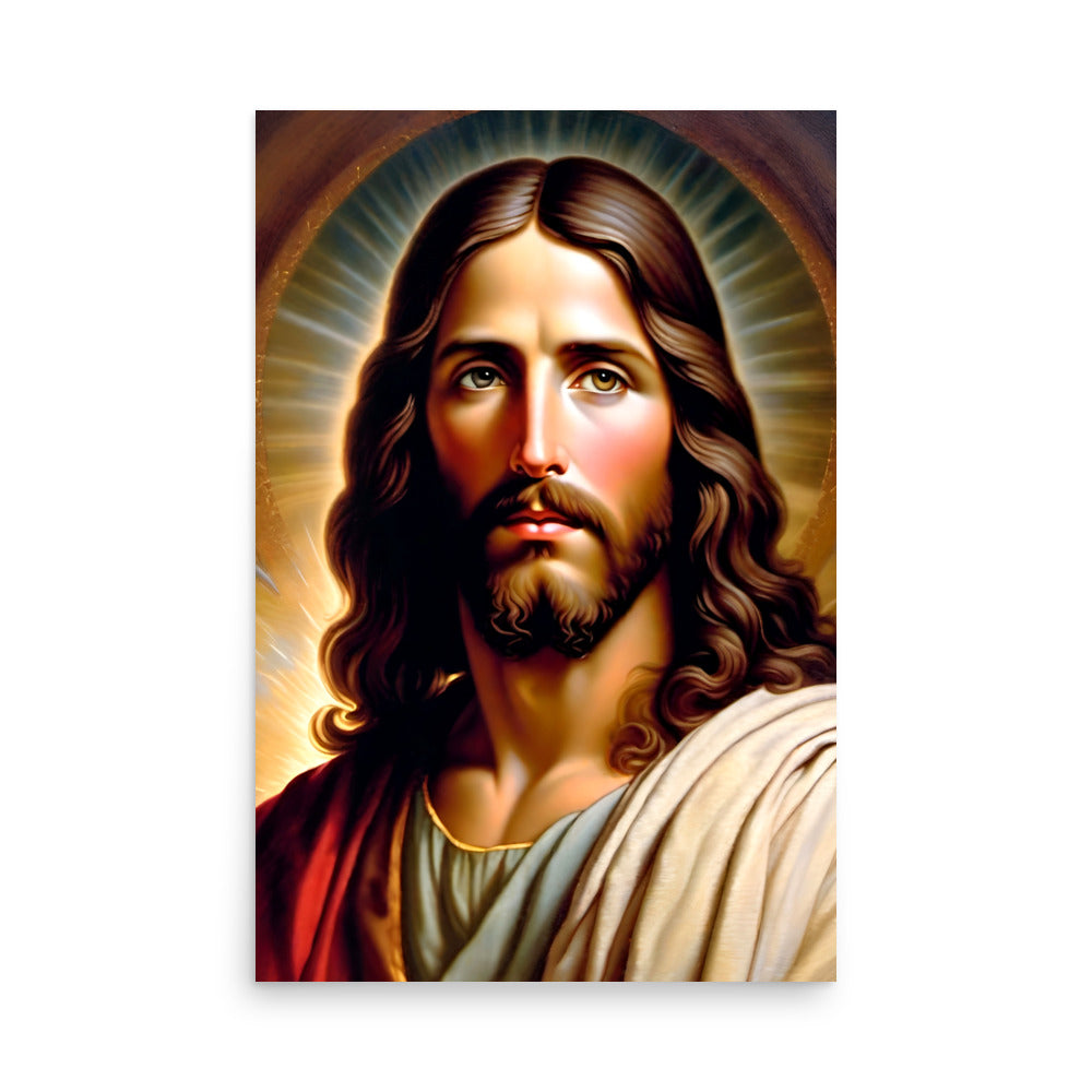 A Jesus artwork with a glowing halo, and a loving compassionate look