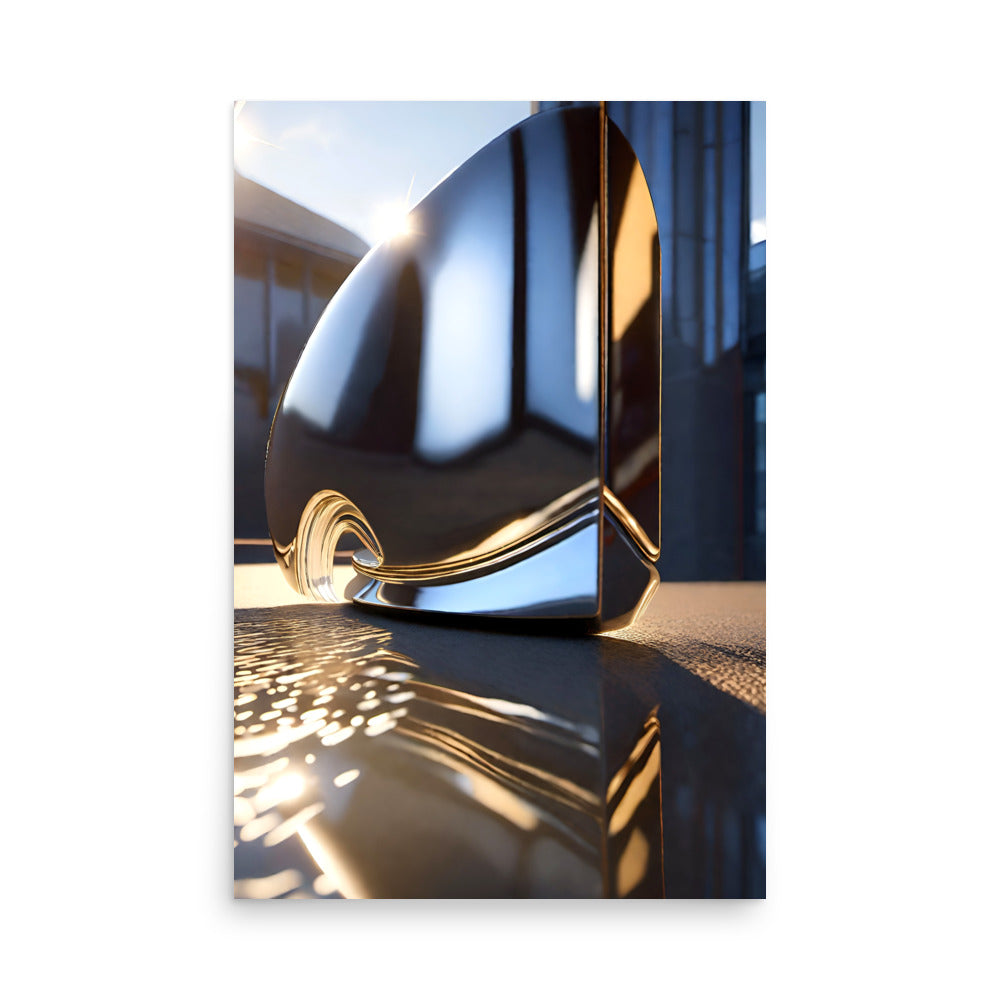 A modern art abstract metallic sculpture with a reflective surface, sunrise gleaming off