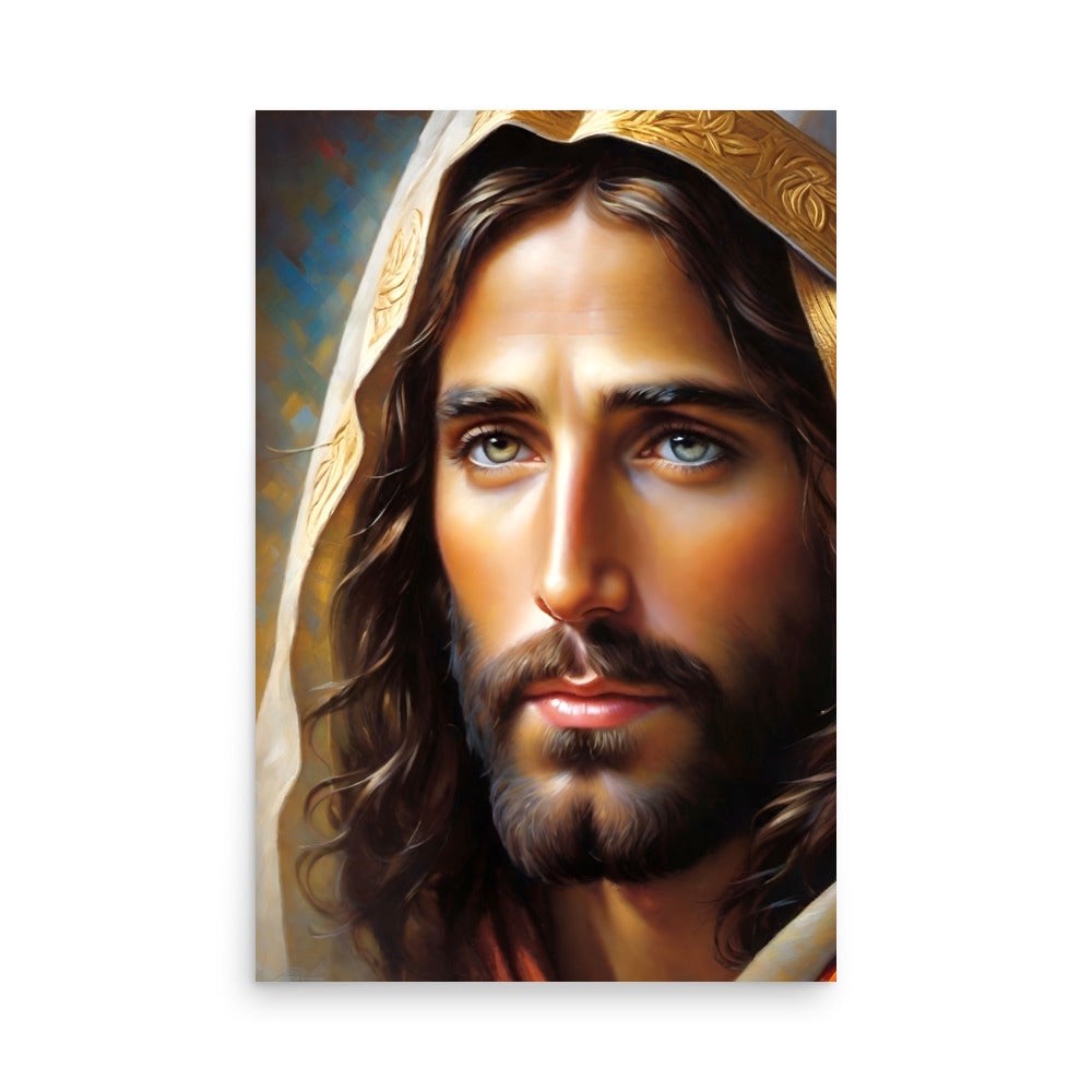 An image of Jesus with a natural look and compassionate eyes, a Christian artwork.
