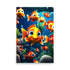 Cheerful clownfish radiate vibrant joy. Central fish beams bright orange scales with white stripes. Fellows undulate gracefully amid bubbles and aquatic plants. Blue hues contrast warm tones as light adds depth.