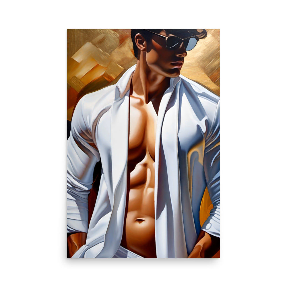 Painting of a man showing his abs with his shirt unbuttoned wearing sunglasses.