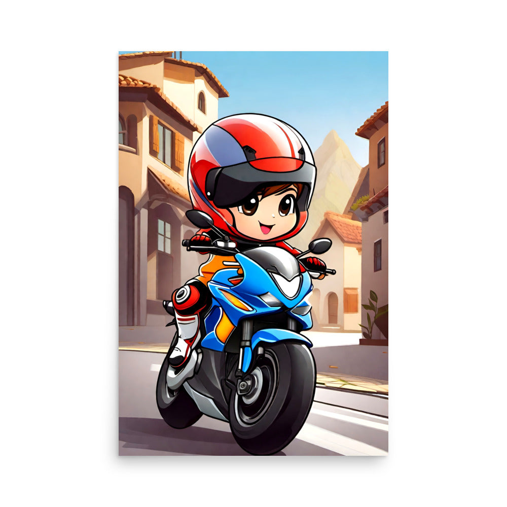 A happy cartoon character with big eyes rides a blue sporty motorcycle, wearing