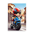 Speeding anime rider navigates vibrant streets. Blue motorbike blurs through Mediterranean alleys. Colors capture adventure's freedom.