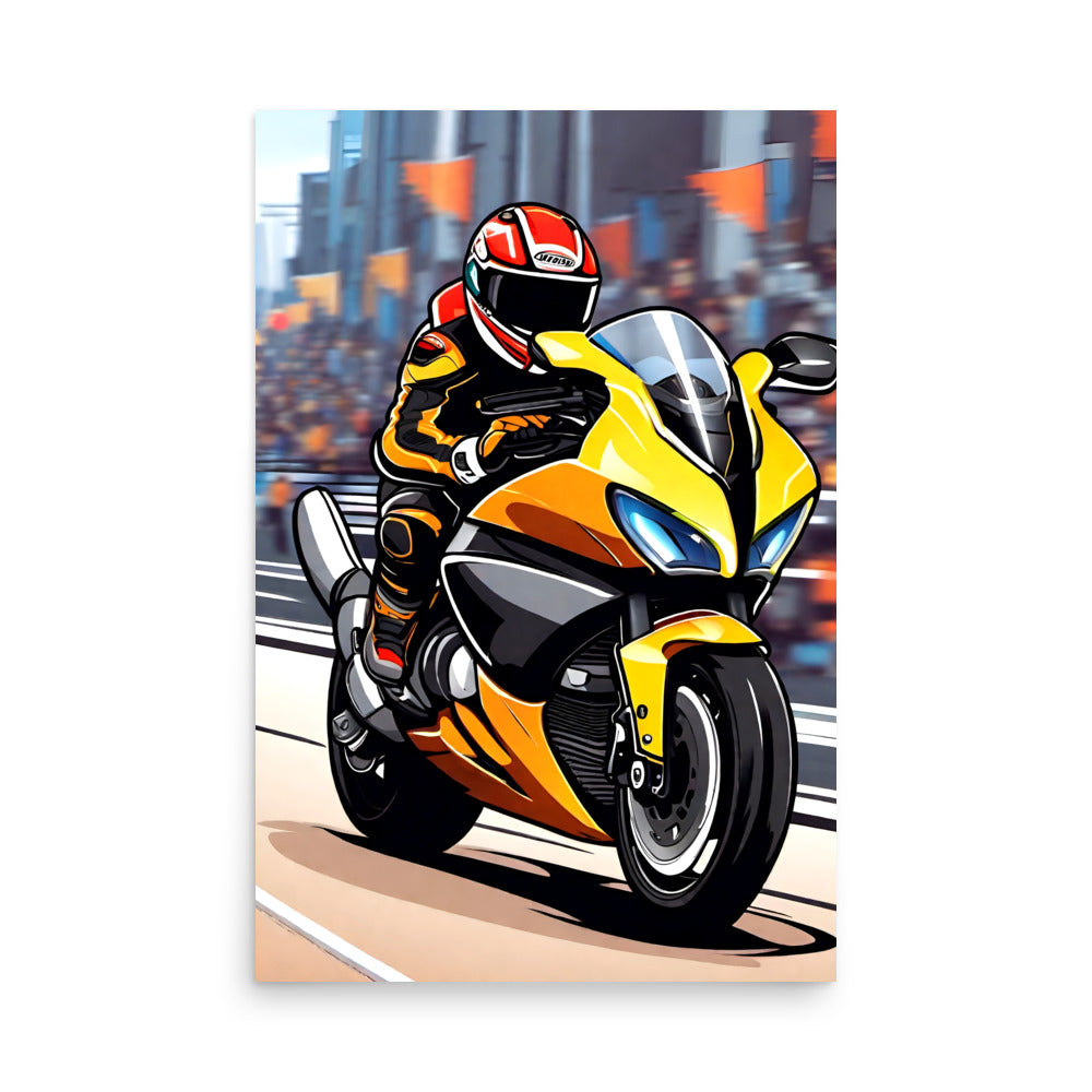 A yellow sportbike with black and red, zooming down a city street, in