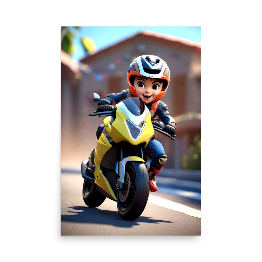 An anime motorcycle rider on a yellow sportbike is racing through town under