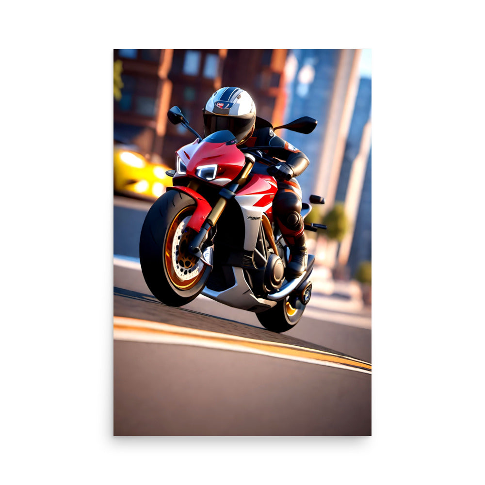 Red and black sportbike leaning into a turn on a city road, a