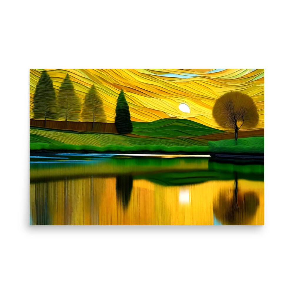 A golden sunset is mirroring off a still lake with painted evergreens on