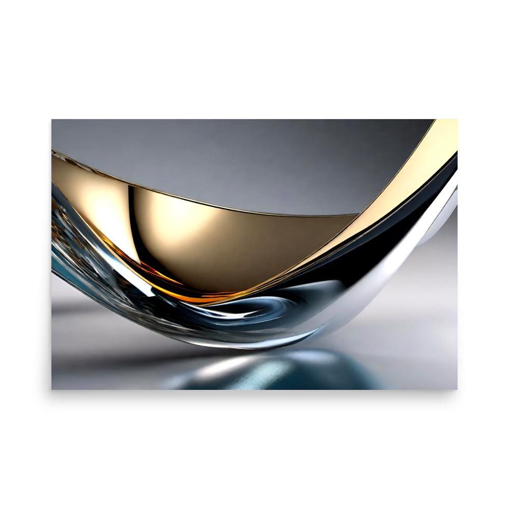 A sleek metallic sculpture with curves reflecting a gold gradient, cool grey background