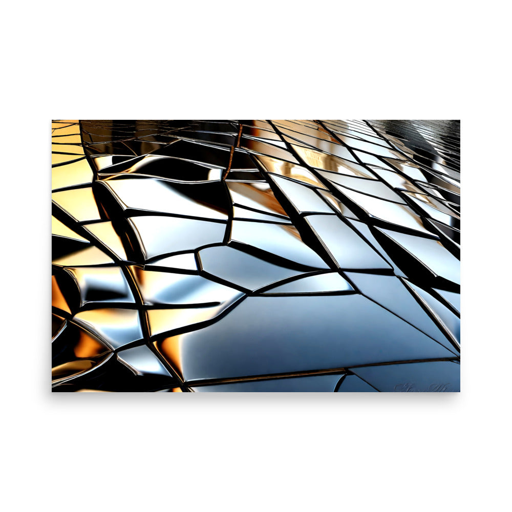 Abstract art with shiny black and gold web like pattern, bending light and