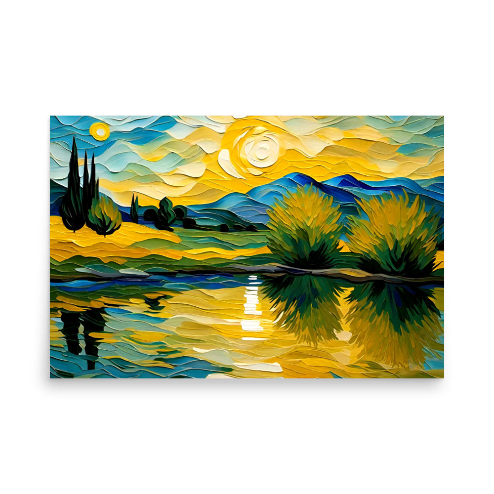 Painting with a swirling yellow sunset reflecting on calm lake waters with blue