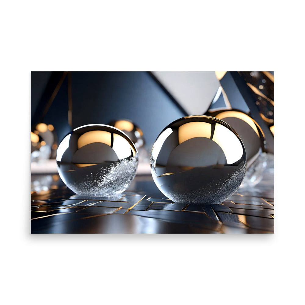 Reflective spheres on a mirrored floor with colors of gold and chrome gleaming