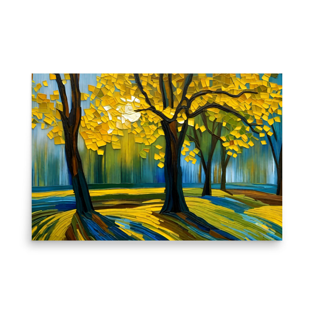 A painting of trees with artistic shadows from a sunset shining through, in
