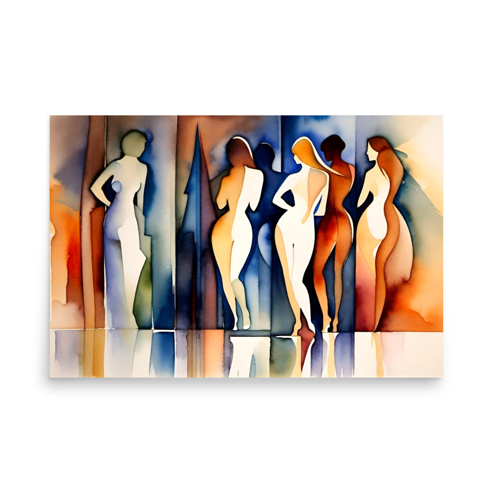 Watercolor painting with figures of people in varying shades of abstract colors, classy