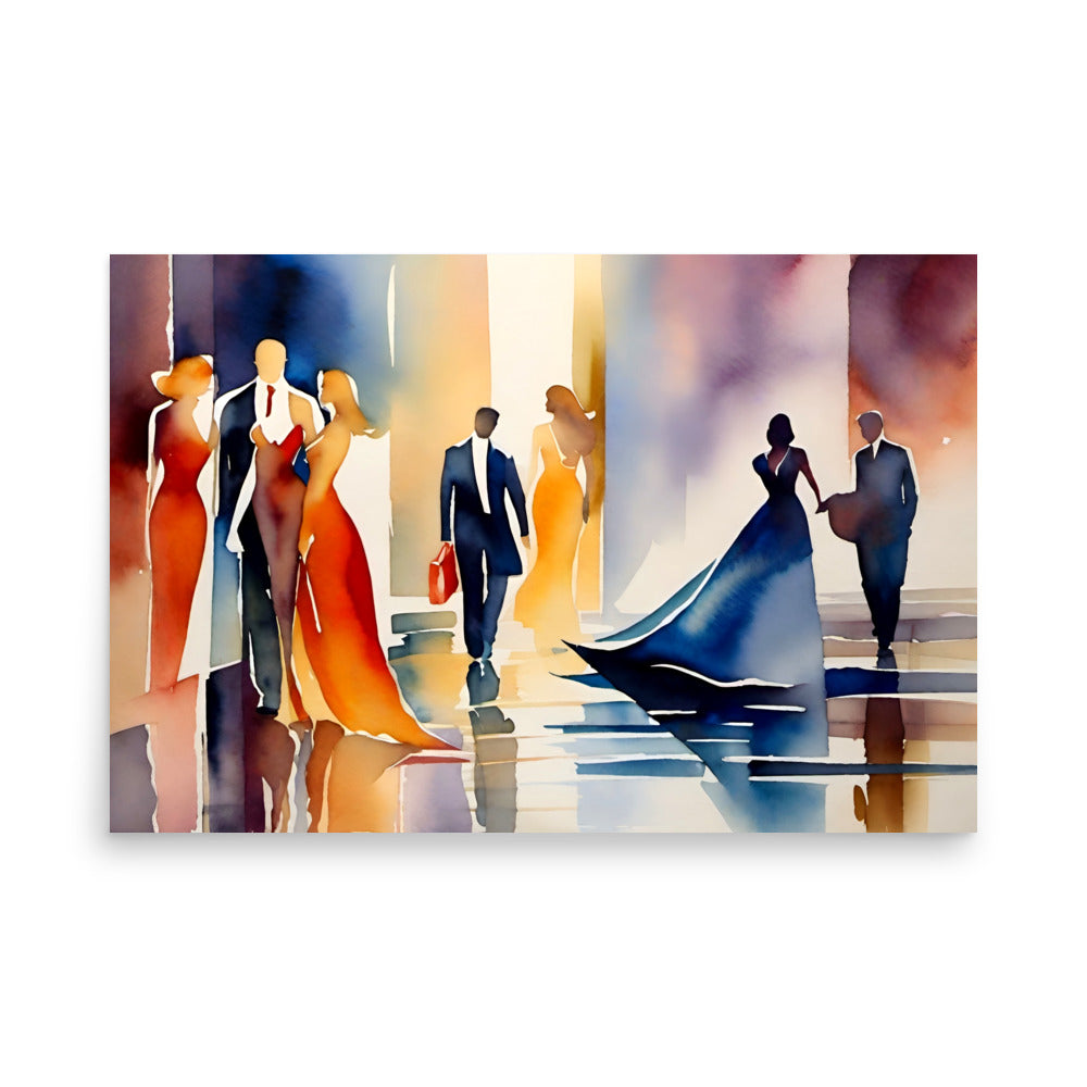 Figures in formal attire abstractly painted with elegant dresses and business suits, reflecti