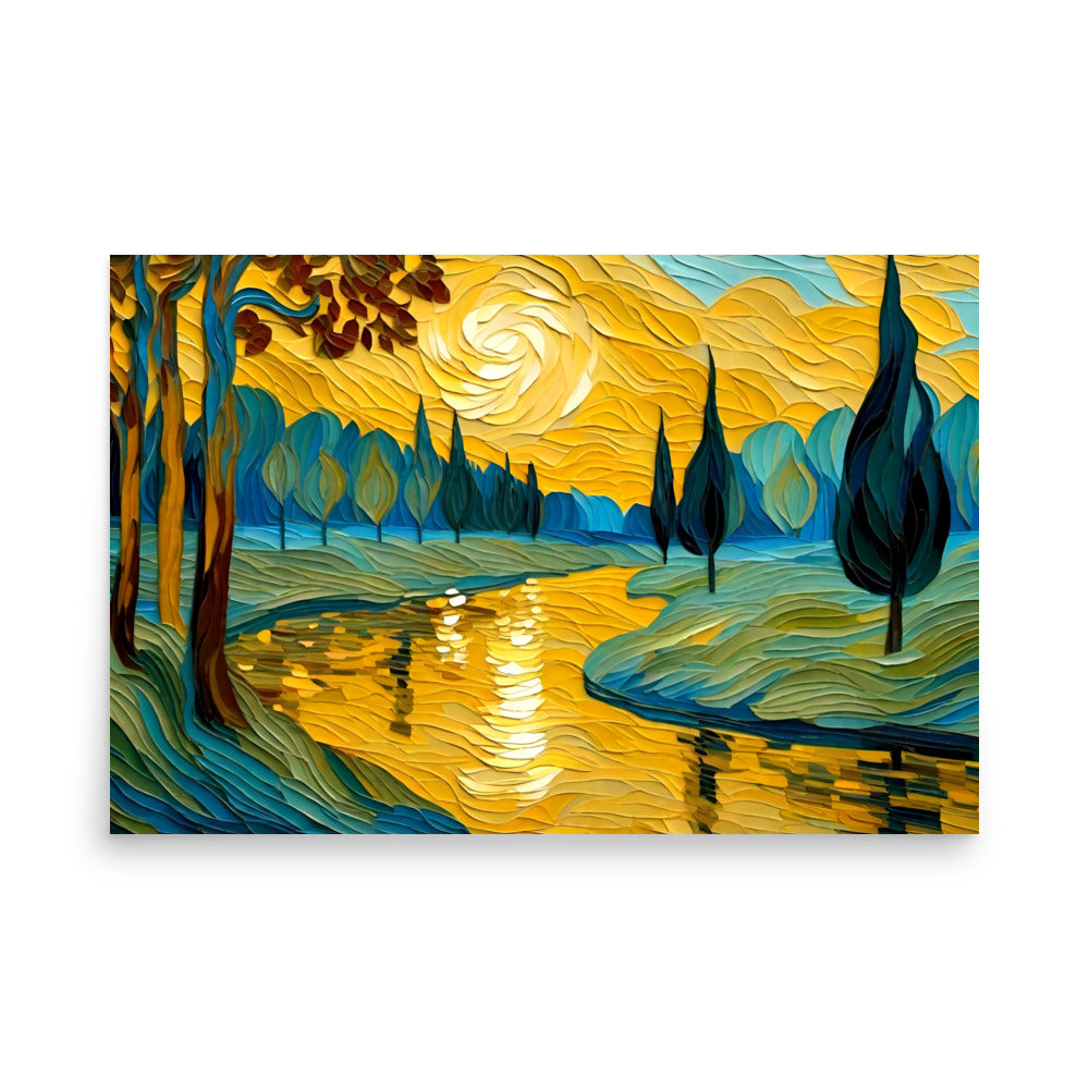 A vibrant landscape echoes Van Gogh's style. Vivid colors and swirling brushstrokes mesmerize the eye. A tranquil pond reflects golden sky warmth. Water ripples rendered with fluid strokes. Trees dance in symphony of blues, greens. Twisted trunks and leaves evoke gentle breeze.