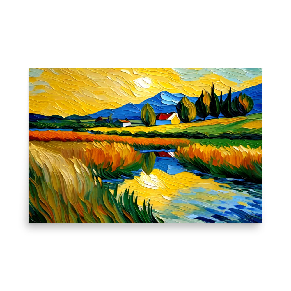 A dynamic landscape painting in exaggerated bolc colors on fields and trees reflect