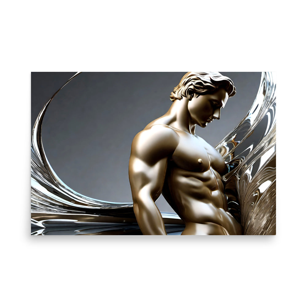 A metallic male figure with firm muscles is posing with reflective, swirling patterns,
