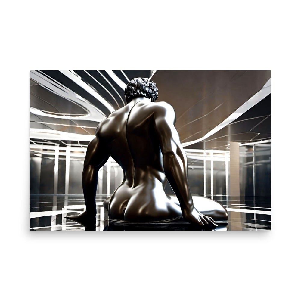 A powerful male sculpture with his figure reflecting the soft light coming from