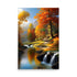 Fiery autumn trees adorn vibrant landscape. Winding path leads toward tranquil stream cascading over rocky outcrops. Crystal-clear water mirrors warm foliage hues. Birds soar overhead in breathtaking natural wonderland.