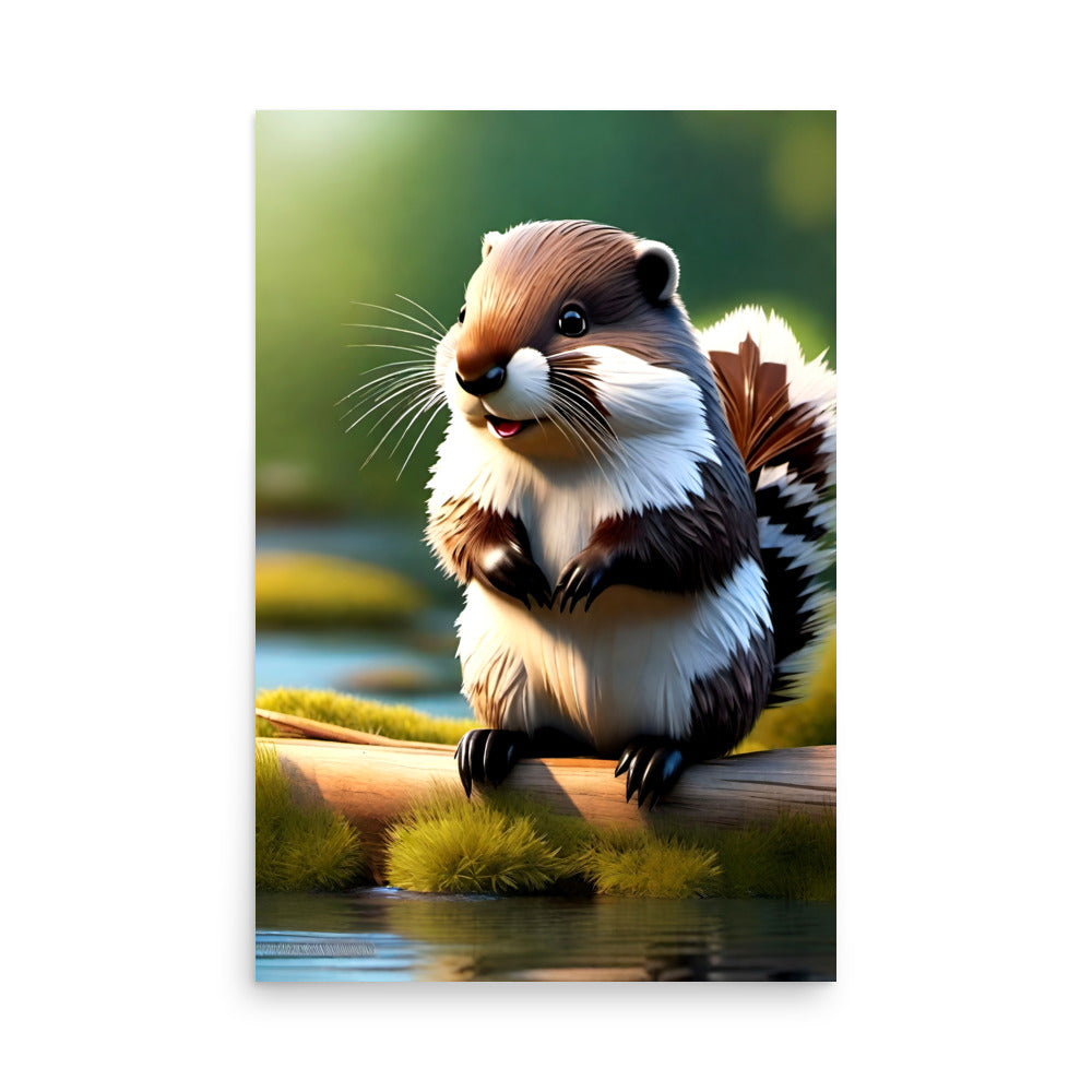 Vibrant river otter poses playfully. Its lifelike fur boasts brown, black, white shades. Bright eyes, whiskered snout exude charm. Lush greenery, serene waters reflect tranquility.