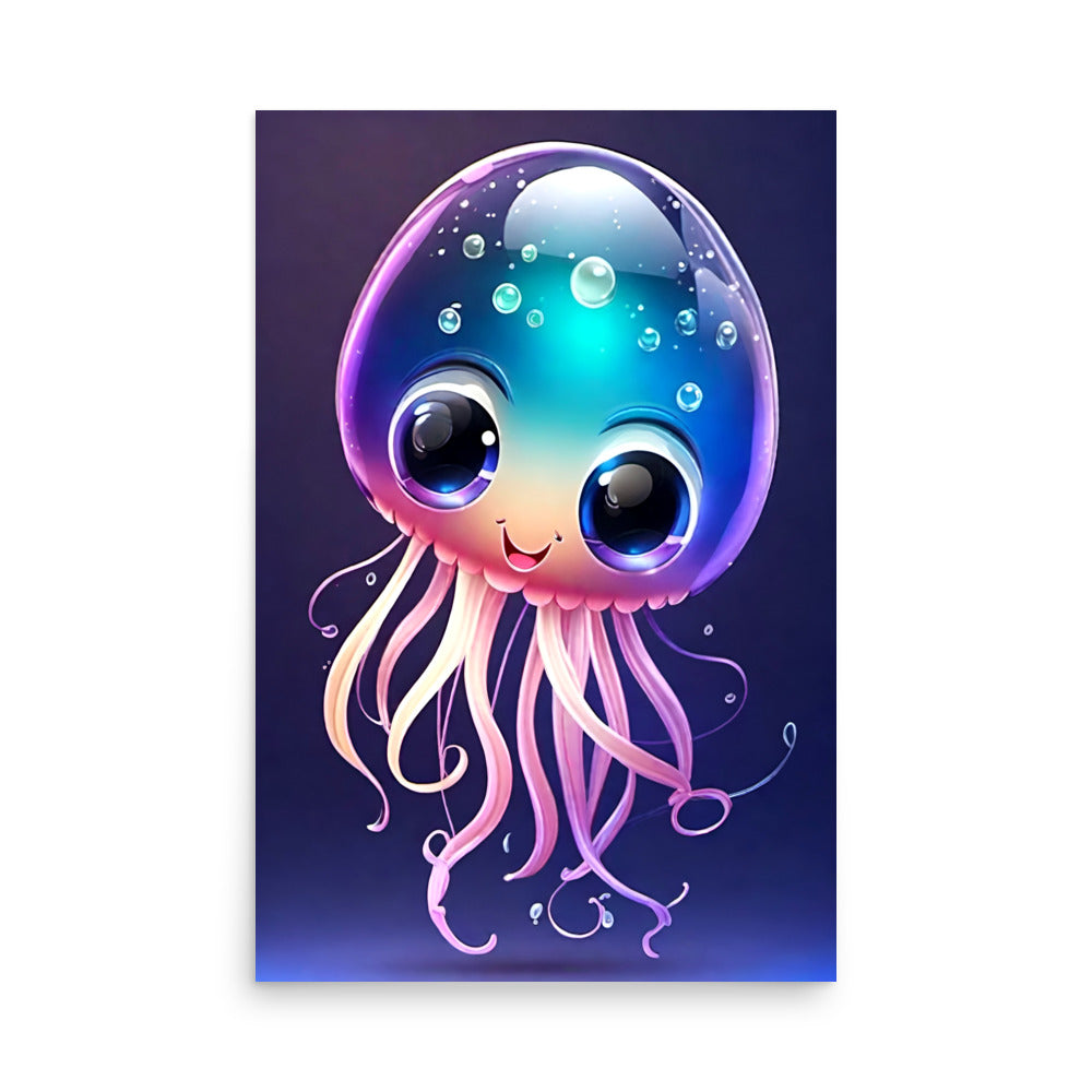 Beautiful jellyfish-like creature has iridescent bubble body. Colors transition from deep purple to turquoise. Expressive blue eyes, delicate pink tentacles curl below. Friendly smile conveys whimsy against deep blue background.