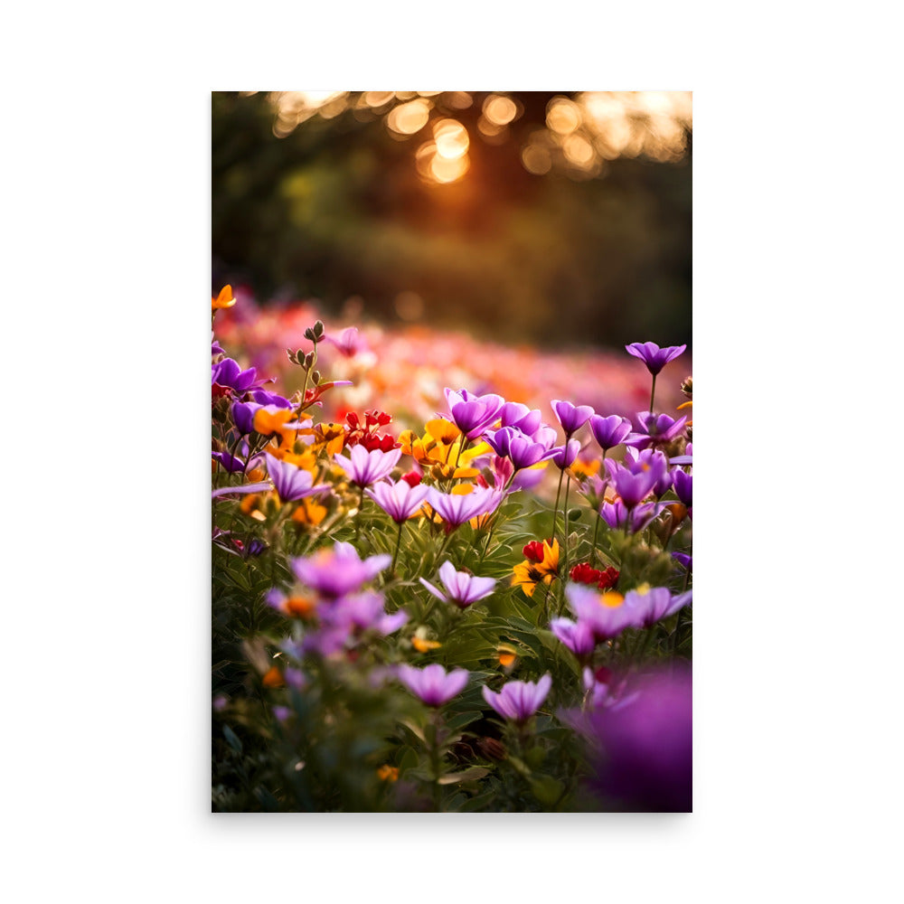 A field of flowers glowing a purple color with pinkish shades in the sunlight.