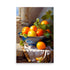 Vibrant oranges and lemons fill blue bowl. Glossy fruits elegantly cast soft shadows. Grapevine tendrils beautifully surround vivid composition. A peeled lemon and single orange invite viewer's appreciation. Interplay of light and shadow heightens realism.