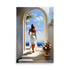 Calm serenity prevails, woman in white dress under arched doorway. Tranquil ocean vista, blue sky with clouds beyond. Flowing hair, colorful potted flowers alongside. Peaceful, dreamy scene captivates the viewer.