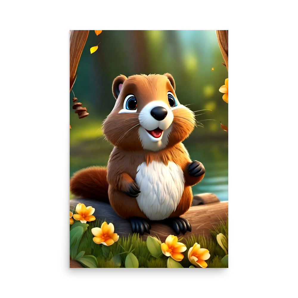 Squirrel beams with joy, reddish-brown fur. White belly, perched on log surrounded. Lush foliage, vibrant flowers encircle squirrel. Sunlight filters through trees, enchanting scene.