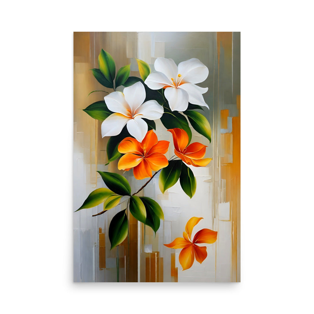 An abstract floral painting with vivid white with orange petals on the flowers.