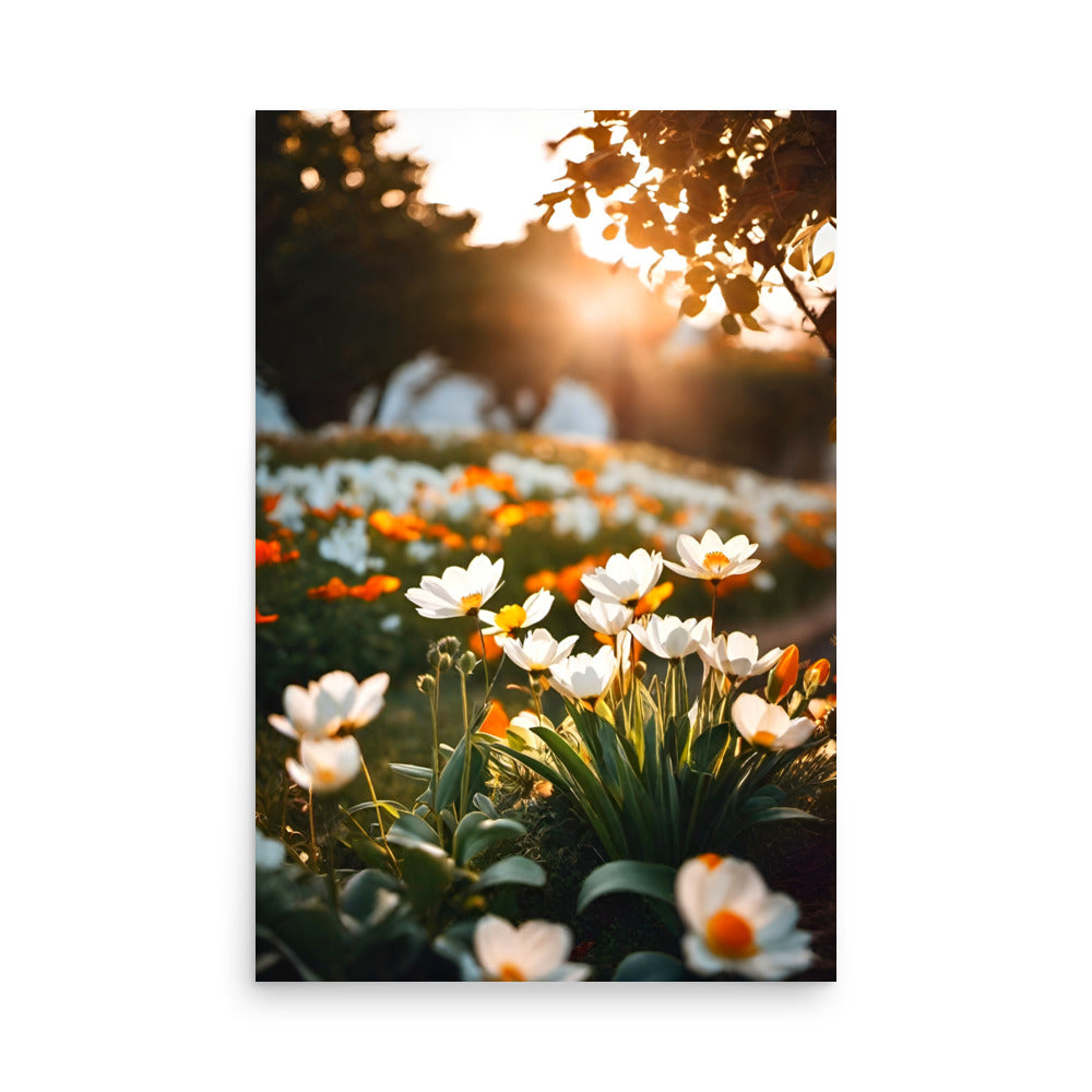 White and orange flowers bask in the sunlight coming through the oak trees,.