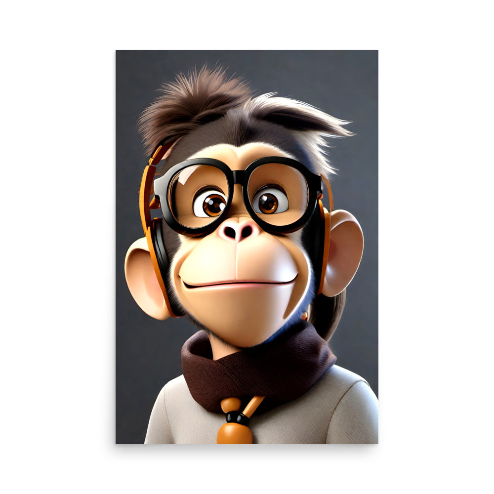 Monkey character has large expressive eyes. It sports glasses, toothy grin, spiky hairstyle. Wearing scarf, it appears stylish, friendly. Overall impression conveys warmth, engagement.