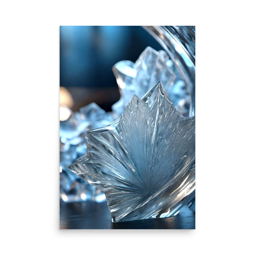 Ice crystals freeze time's beauty into crystalline mountain peak. Glistening blues and grays blend together. Sharp edges carve delicate icy patterns. Ethereal wisps scatter frozen landscape. Soft, dreamlike lighting renders deep blue serenity.