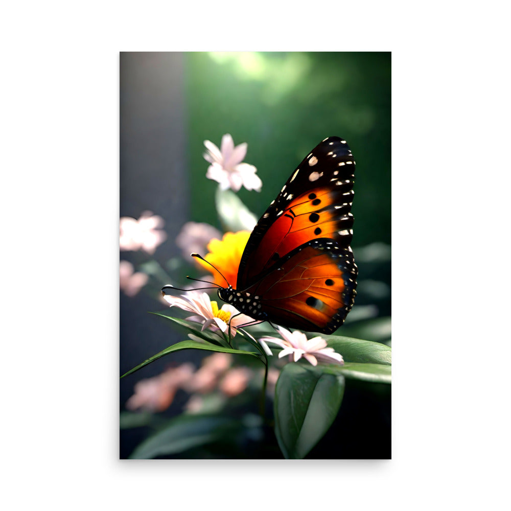 A butterfly with orange and black patterns on it's wings, on blooms of white flowers.
