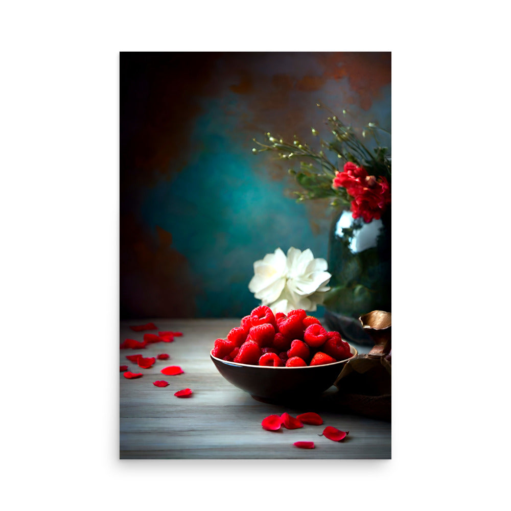 Art with raspberries in a bowl on a wooden table, a beautiful bouquet of flowers.